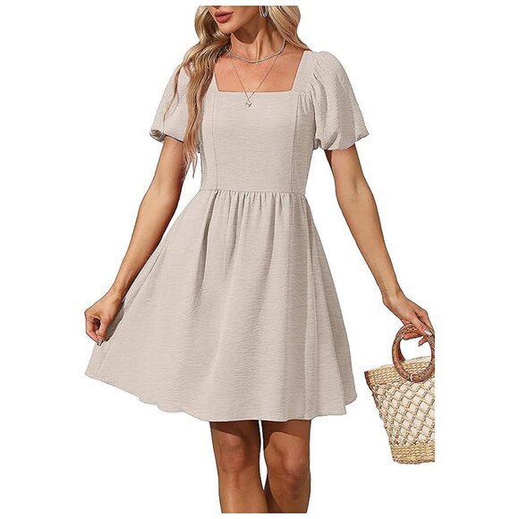 Women Puff Sleeve Square Neck Tie in Back Dresses with Zipper Beige